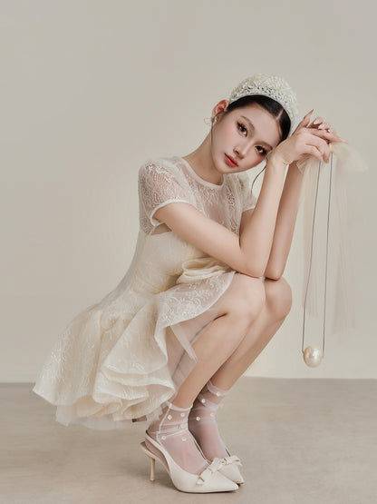 kelly sequin lace puffy mini dress in white