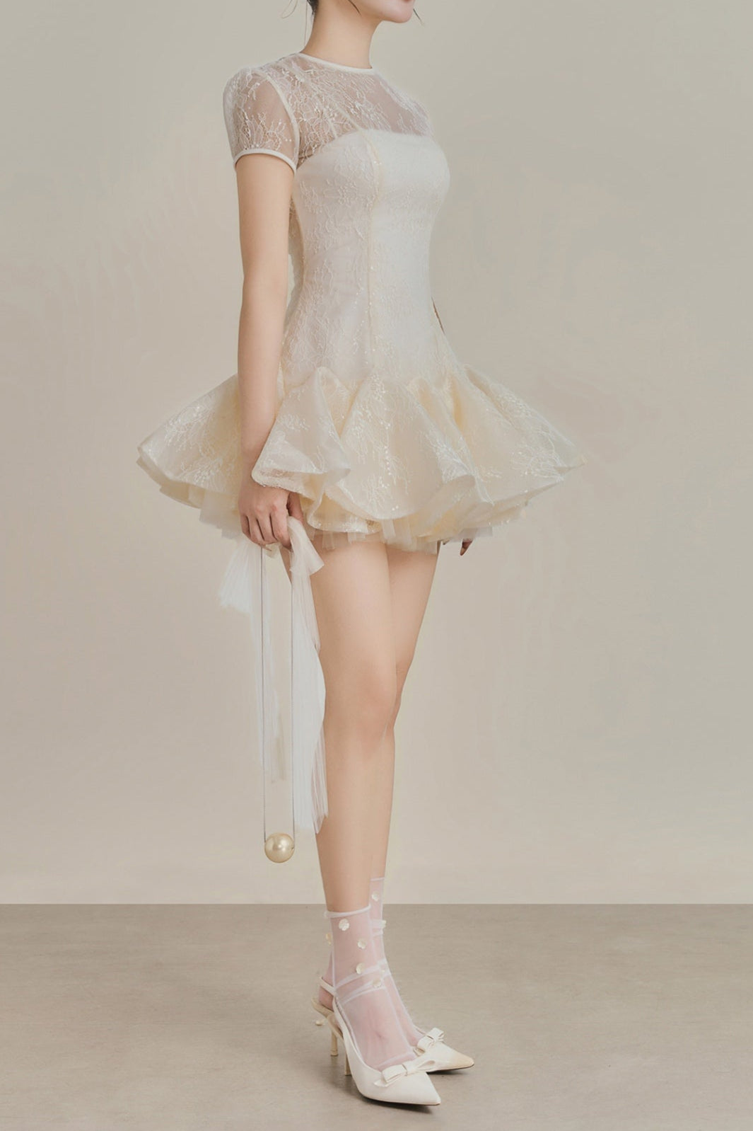 kelly sequin lace puffy mini dress in white
