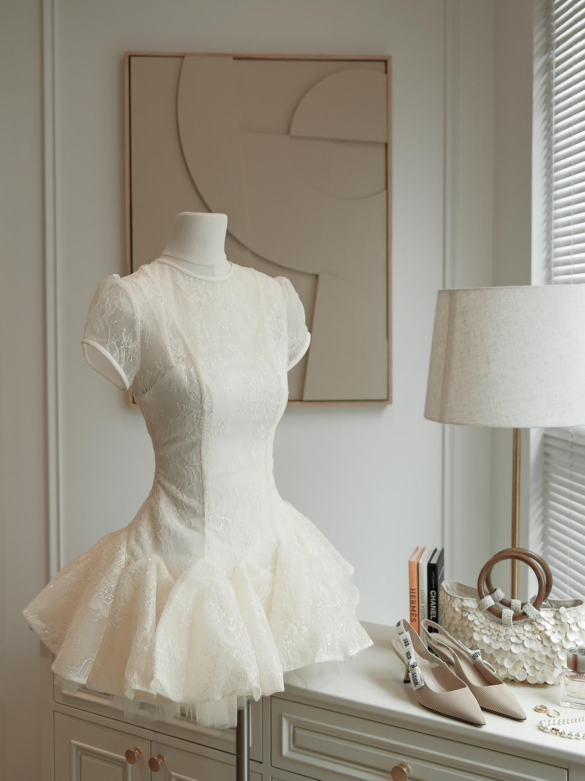 kelly sequin lace puffy mini dress in white