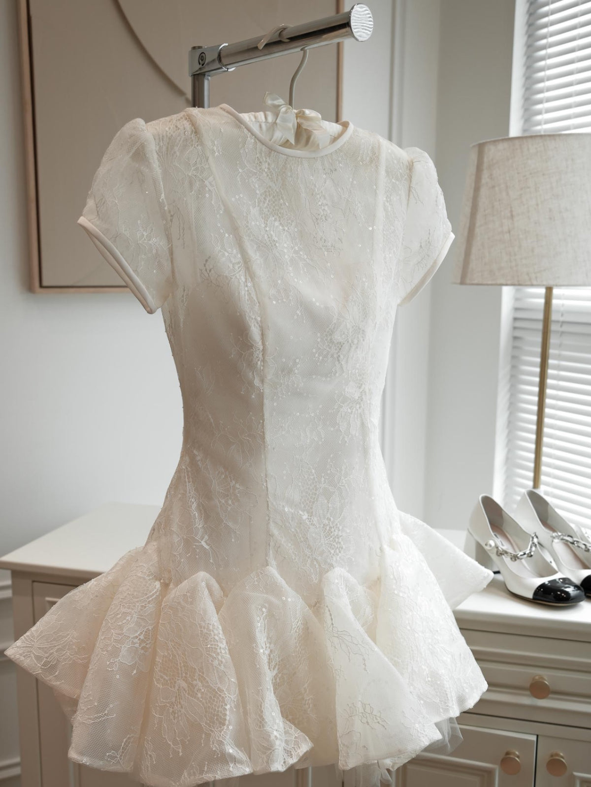 kelly sequin lace puffy mini dress in white