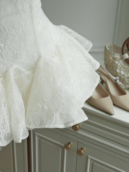 kelly sequin lace puffy mini dress in white