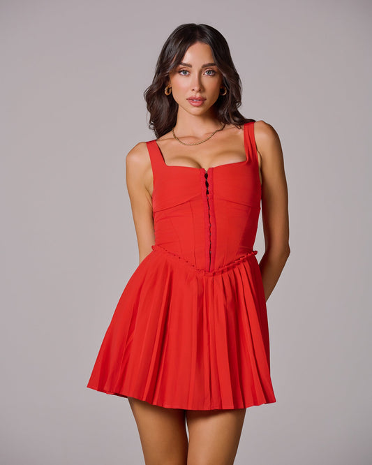 SCARLET PLEATED MINI DRESS