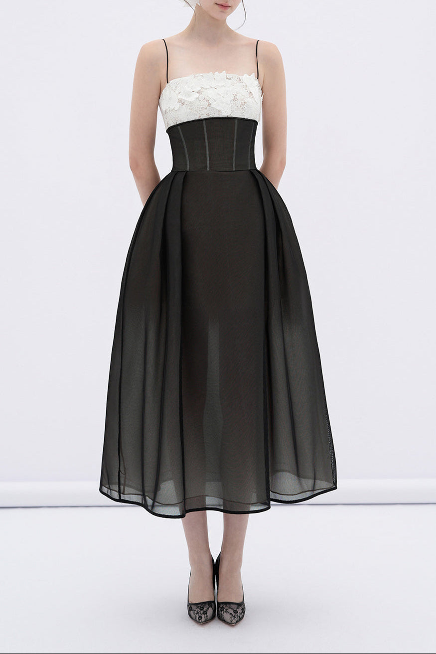 Vela A-line Corset Waist Mesh Midi Dress