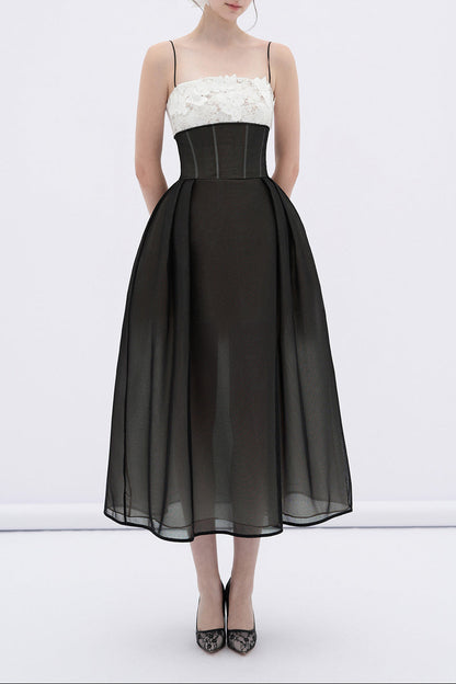 Vela A-line Corset Waist Mesh Midi Dress