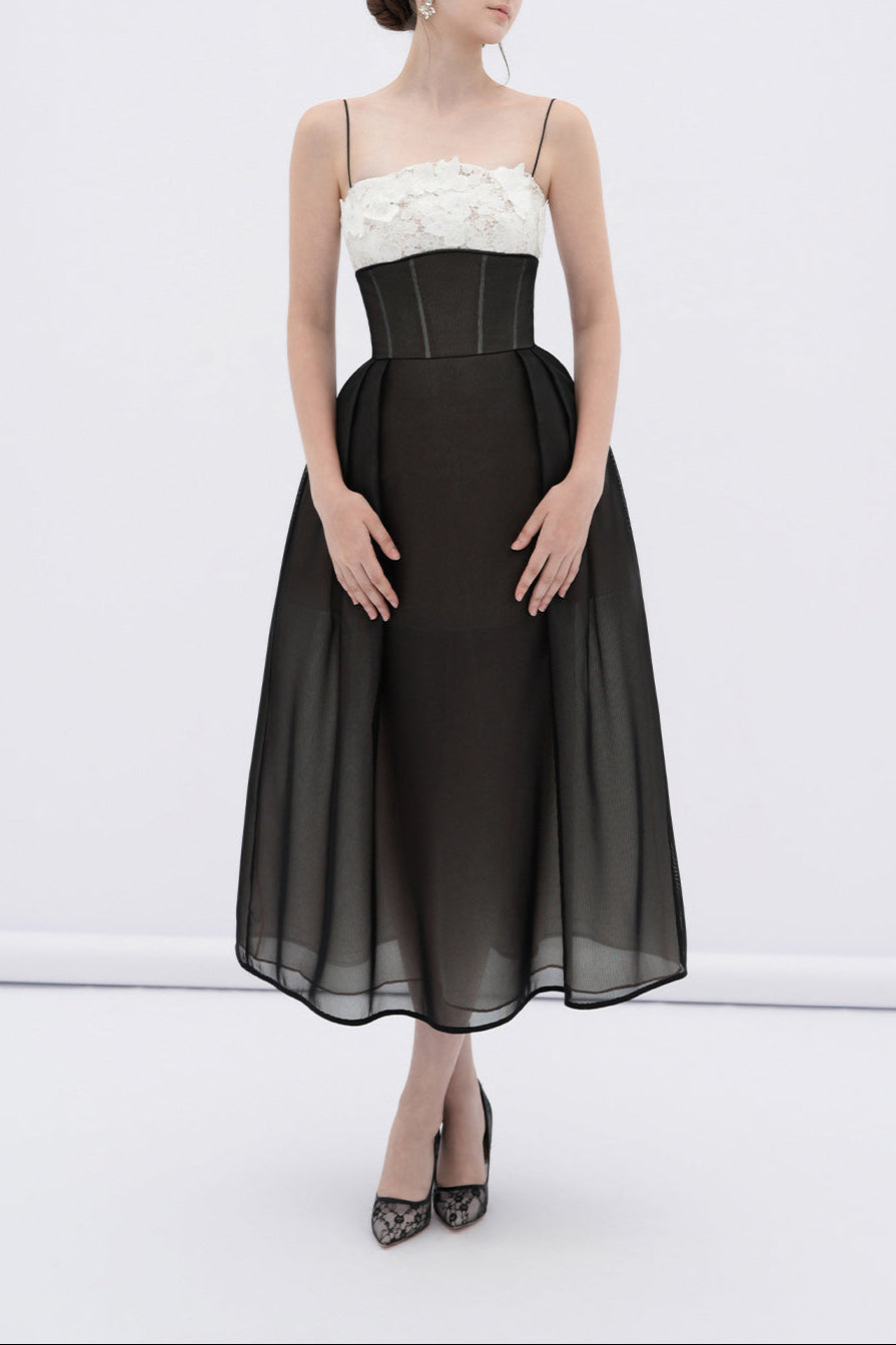 Vela A-line Corset Waist Mesh Midi Dress