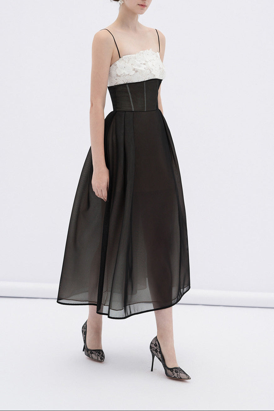 Vela A-line Corset Waist Mesh Midi Dress