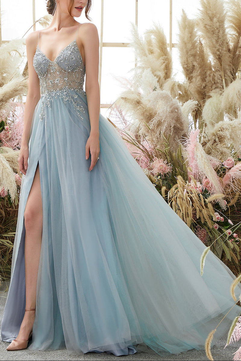 Light Blue Beading Tulle Prom Dress