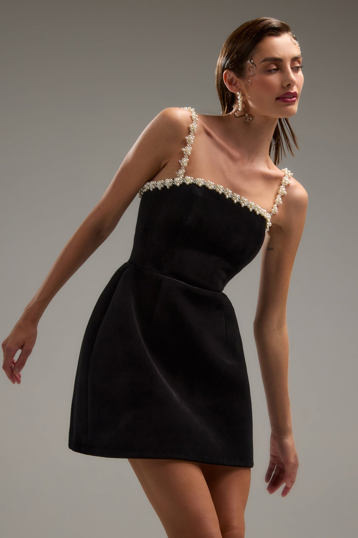 pearl embellished strap mini dress in black