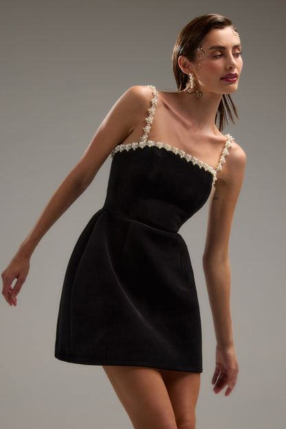pearl embellished strap mini dress in black
