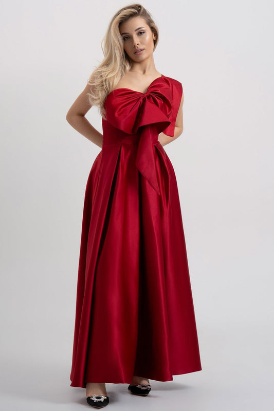 Bow one shoulder maxi dresses in red