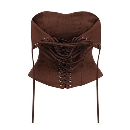 Strapless Wrap Lace-Up Back Brown Corset Top