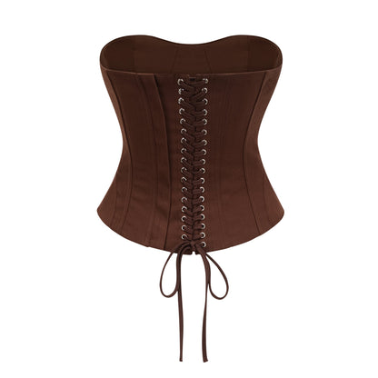 Strapless Wrap Lace-Up Back Brown Corset Top