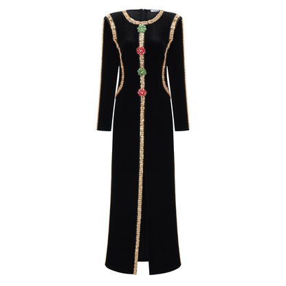 lydia Black Crystal Embellished Front Slit Maxi Dress