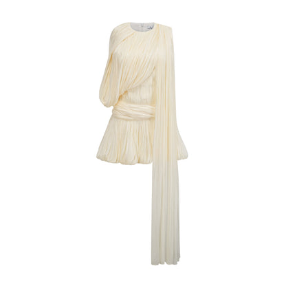 Cream Pleated Asymmetrical One Puff Sleeve Wrap Waist Bubble Mini Dress With Long Floating Sash