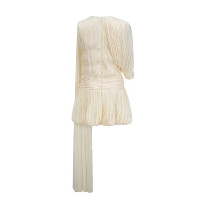 Cream Pleated Asymmetrical One Puff Sleeve Wrap Waist Bubble Mini Dress With Long Floating Sash