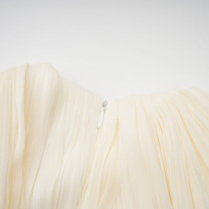 Cream Pleated Asymmetrical One Puff Sleeve Wrap Waist Bubble Mini Dress With Long Floating Sash
