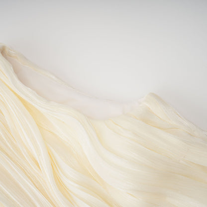 Cream Pleated Asymmetrical One Puff Sleeve Wrap Waist Bubble Mini Dress With Long Floating Sash