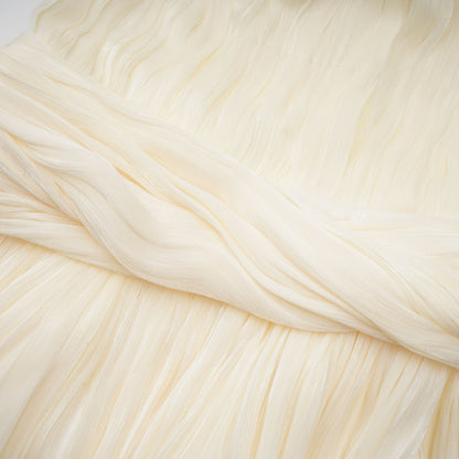 Cream Pleated Asymmetrical One Puff Sleeve Wrap Waist Bubble Mini Dress With Long Floating Sash
