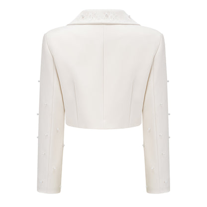 Pearl Embellished Collar Crop Blazer &amp; High Waist Pleated Midi Skirt Two Piece Set