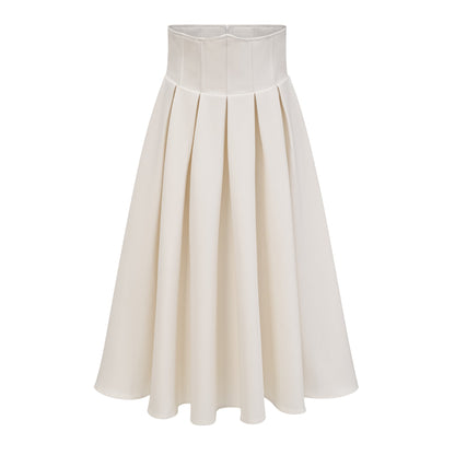 Pearl Embellished Collar Crop Blazer &amp; High Waist Pleated Midi Skirt Two Piece Set