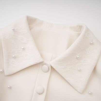 Pearl Embellished Collar Crop Blazer &amp; High Waist Pleated Midi Skirt Two Piece Set