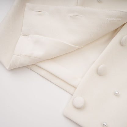 Pearl Embellished Collar Crop Blazer &amp; High Waist Pleated Midi Skirt Two Piece Set