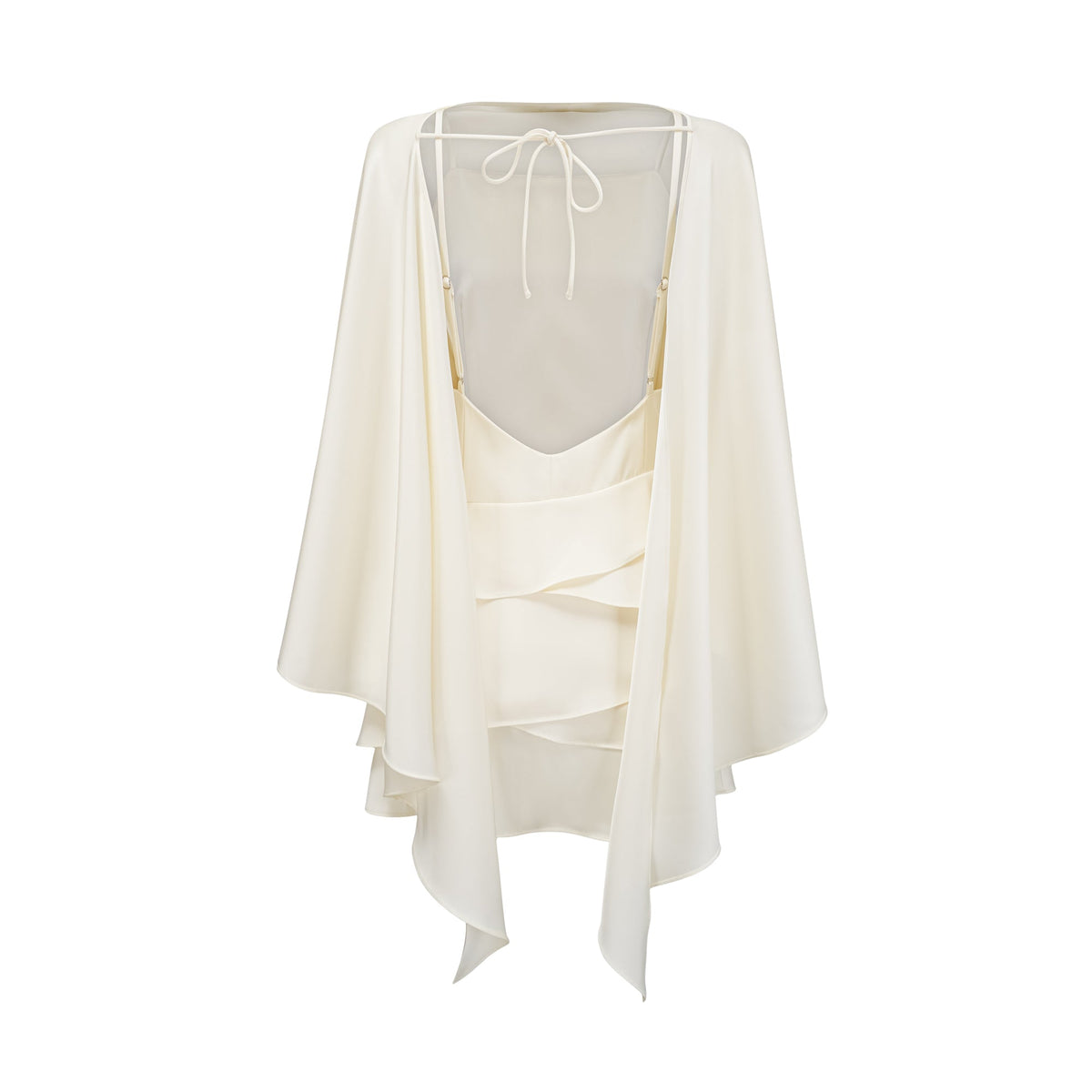 Lyna White Satin Ruffled Mini Dress with Shawl Panel Detail