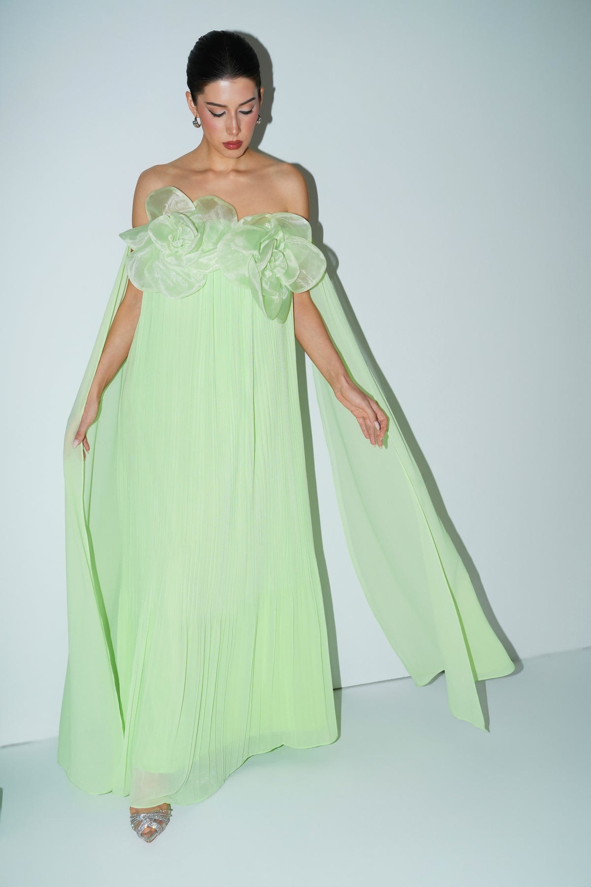 Light Green 3D Organza Flower Off Shoulder Pleated Chiffon Floor-Length Evening Gown