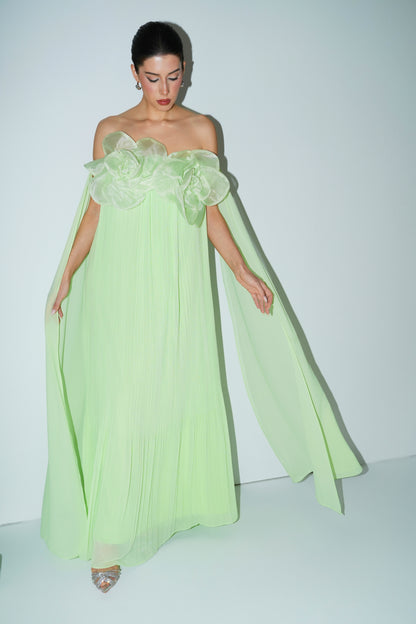 Light Green 3D Organza Flower Off Shoulder Pleated Chiffon Floor-Length Evening Gown