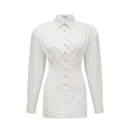 White Long Sleeve Corset Shirt Twist Wrap Mini Dress