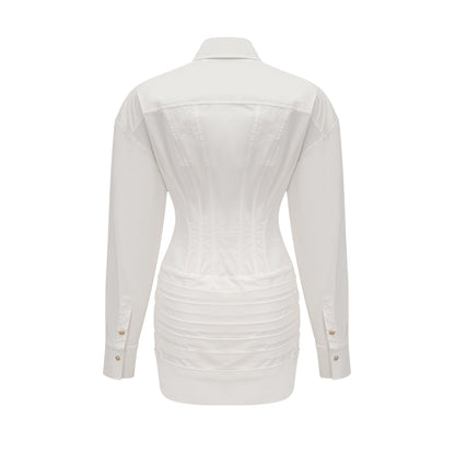 White Long Sleeve Corset Shirt Twist Wrap Mini Dress
