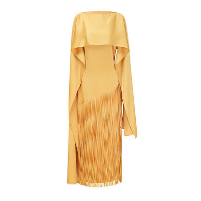 Pale Yellow Cape Overlay Diagonal Fringe Mermaid Maxi Gown