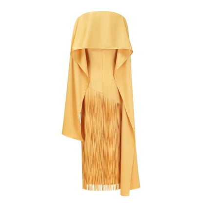 Pale Yellow Cape Overlay Diagonal Fringe Mermaid Maxi Gown