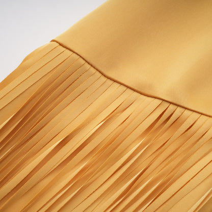 Pale Yellow Cape Overlay Diagonal Fringe Mermaid Maxi Gown
