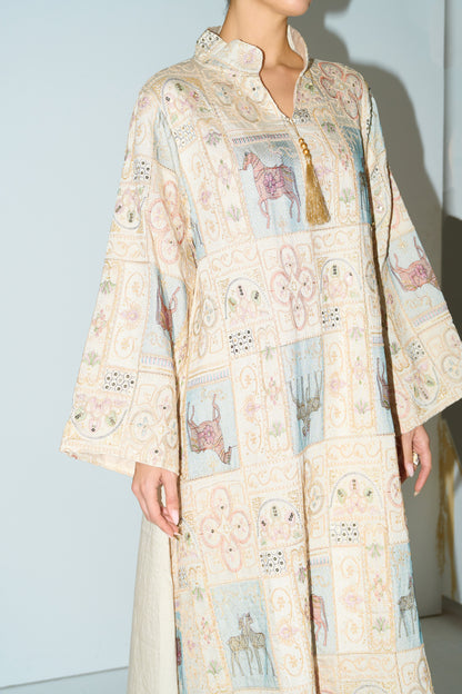 Cream Horse Patchwork Print Stand Collar Bell Sleeve Long Kaftan Dress