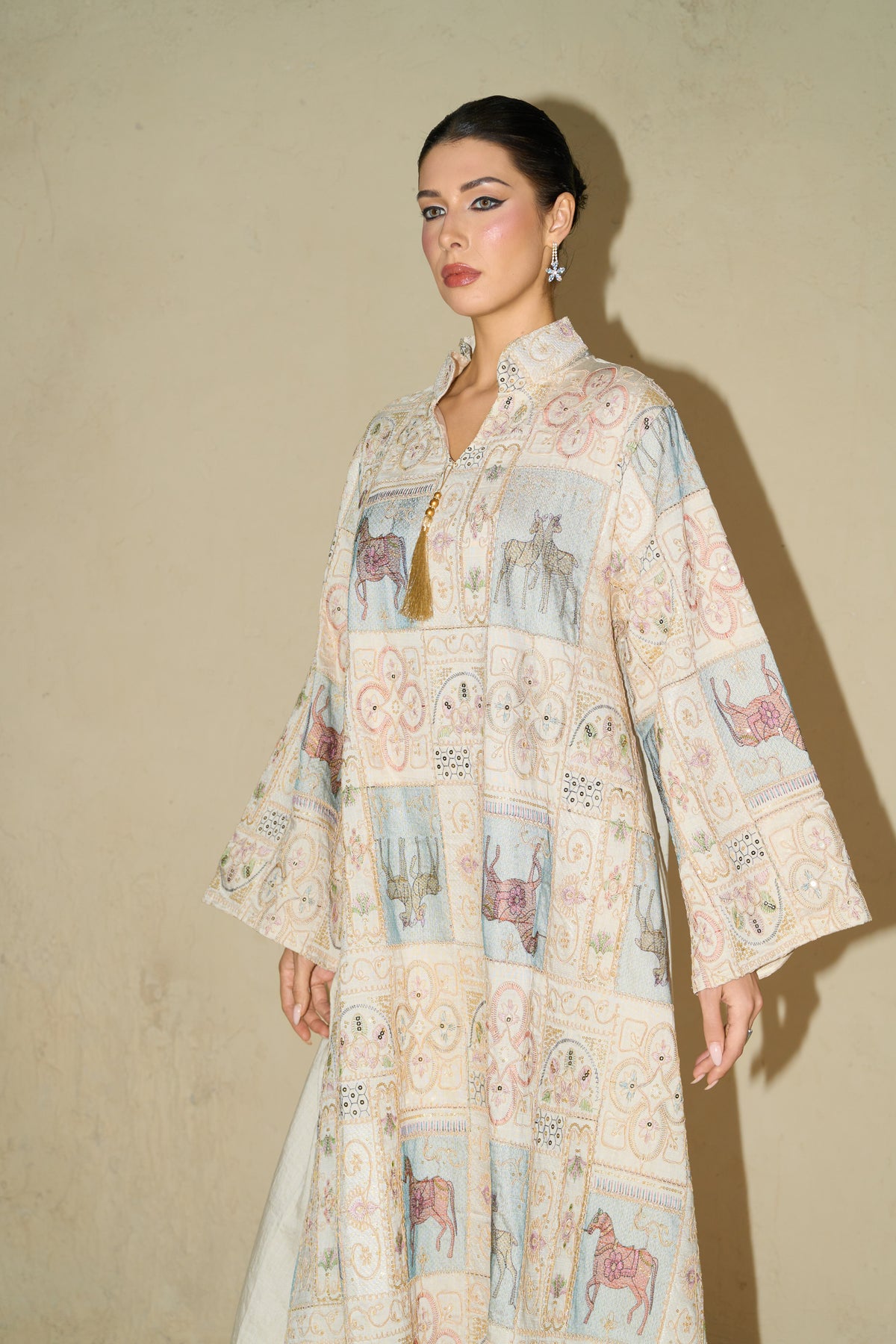 Cream Horse Patchwork Print Stand Collar Bell Sleeve Long Kaftan Dress