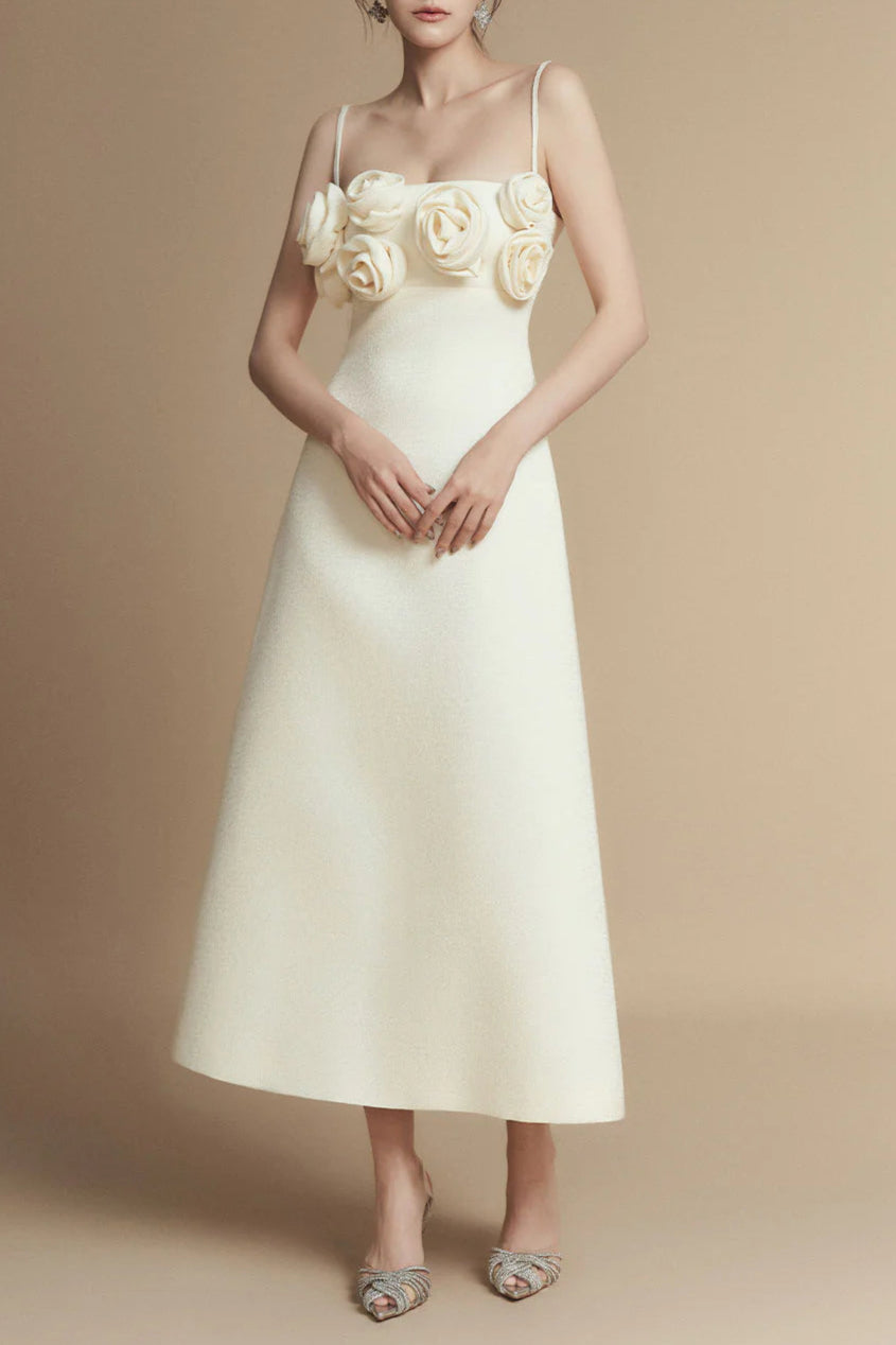 A-line Flower Applique Linen Rayon Midi Dress