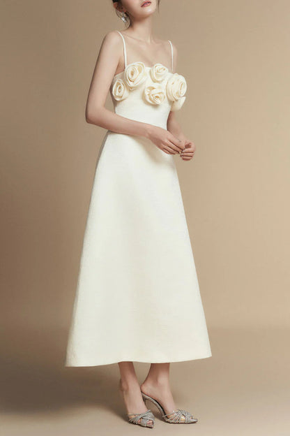 A-line Flower Applique Linen Rayon Midi Dress
