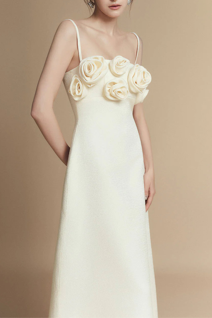 A-line Flower Applique Linen Rayon Midi Dress