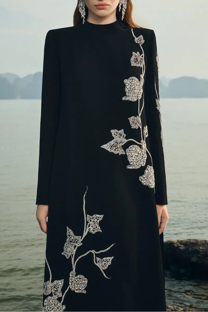 gloria High Neck Asymmetric Crystal Embellished maxi Dress in black