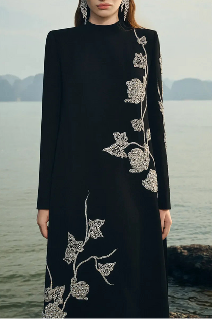 gloria High Neck Asymmetric Crystal Embellished maxi Dress in black