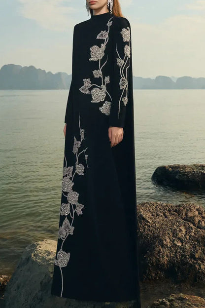 gloria High Neck Asymmetric Crystal Embellished maxi Dress in black