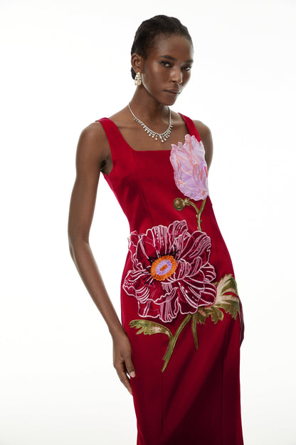 nicola square neck flower embroidery satin maxi dress in red