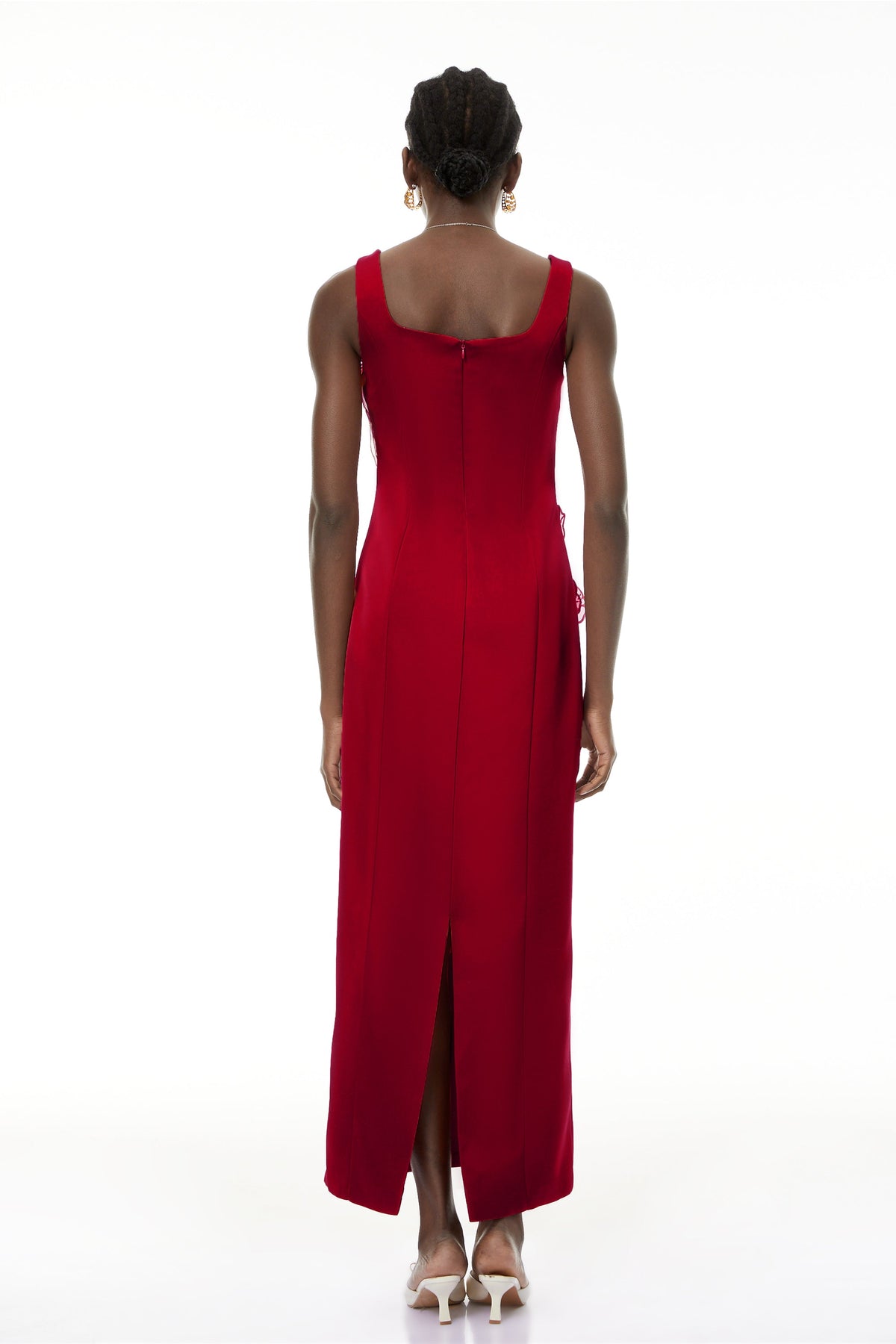 nicola square neck flower embroidery satin maxi dress in red