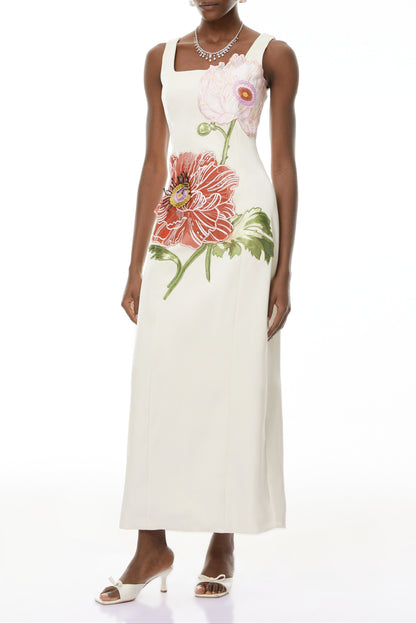 nicola square neck flower embroidery satin maxi dress in apricot