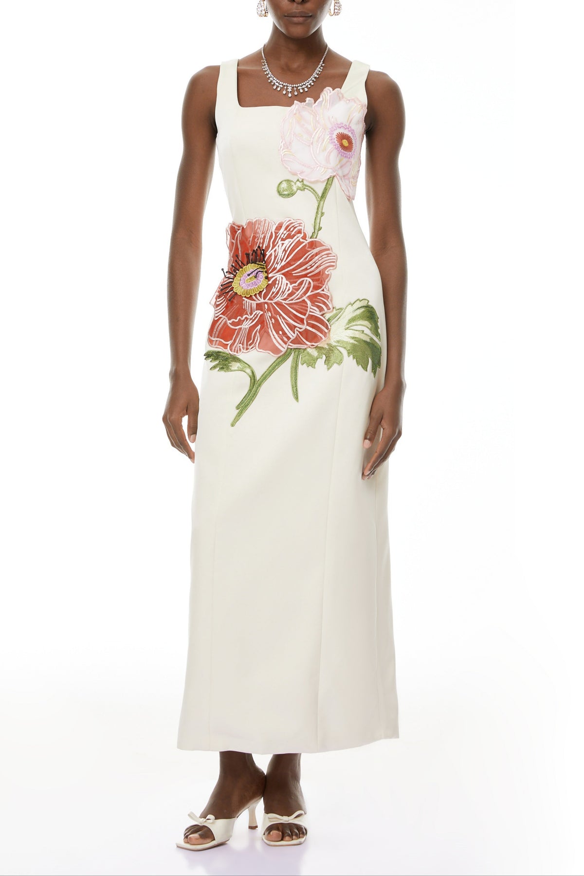 nicola square neck flower embroidery satin maxi dress in apricot
