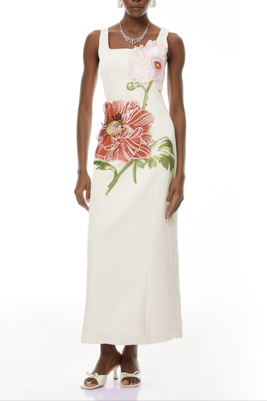 nicola square neck flower embroidery satin maxi dress in apricot