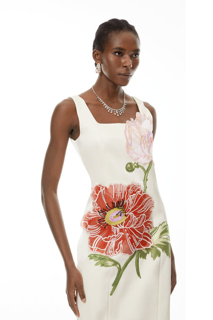 nicola square neck flower embroidery satin maxi dress in apricot
