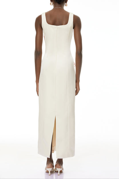 nicola square neck flower embroidery satin maxi dress in apricot