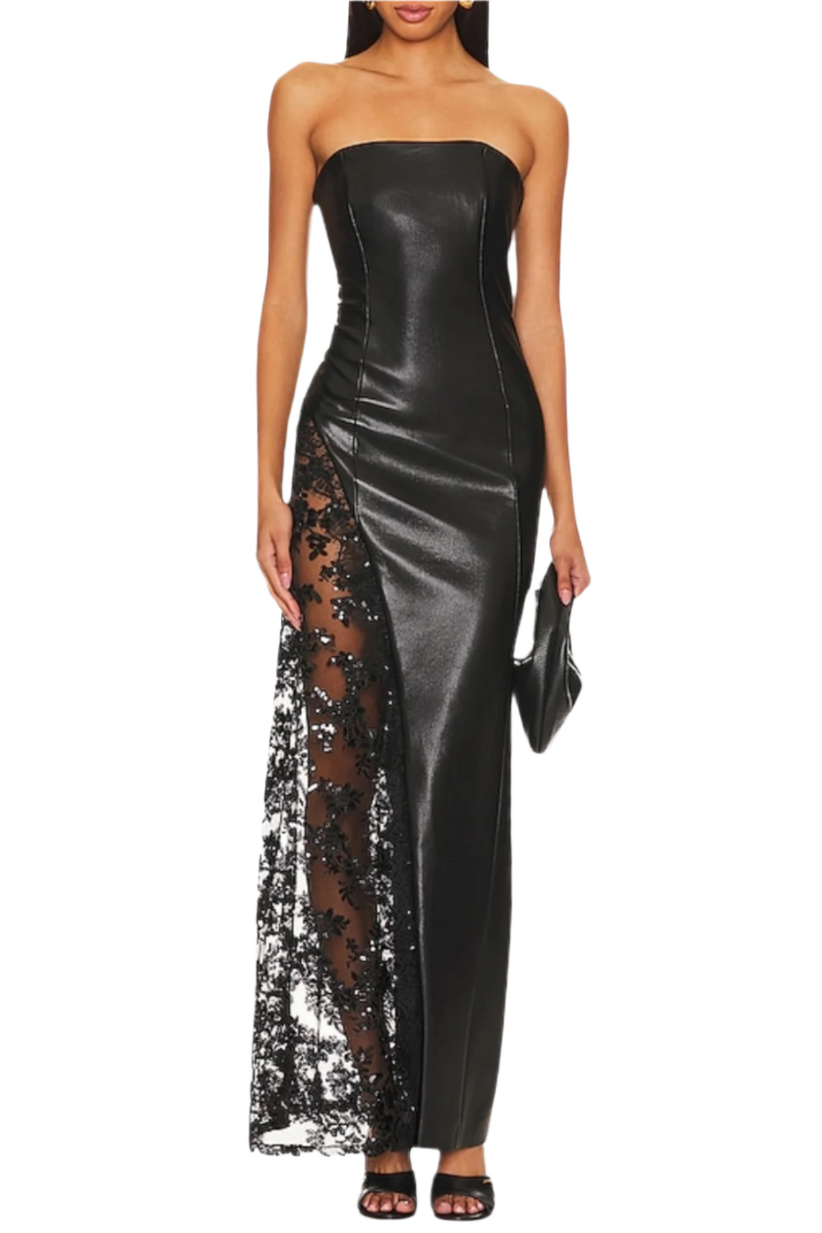 Damien Faux Leather Strapless Lace Maxi Dress